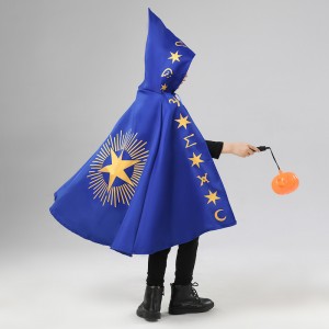 Kids Wizard Cape Costume Set, Blue Starry Cloak with Pointed Hat for Halloween Magic Party Dress Up, Unisex