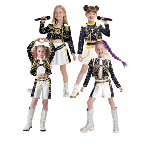 Girls K-POP Demon Hunter Costume Black Gold Huntress Star Outfit Kids Ballet Dance Wear Set Polyester Soft Print