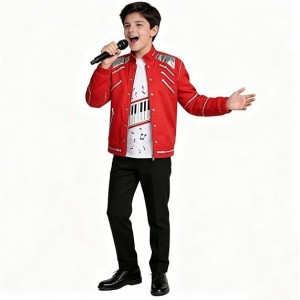 King of Pop MJ Stage Costume – Red Leather Jacket, Shirt & Pants Cosplay Set for Kids, Unisex Rock Style Outfit