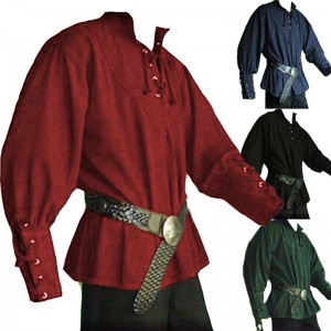 Men's Medieval Laced Cuff Tunic Shirt | Loose Fit Long Sleeve Pullover