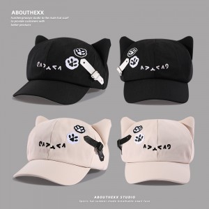 Kawaii Cat Ear Beret for Women, Cute Anime Octagon Hat with Bow, Cotton Baseball Cap for Sweet & Cool Style