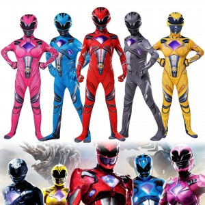 Power Rangers Cosplay Suit, Full Body Spandex Costume for Kids Teens Halloween Party, Role Play Superhero Outfit (Yellow, Blue, Pink, Red, Gray)