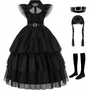 ‌Wednesday Addams Girls Costume - Black Party Dress Up Outfit with Wig, Stockings & Belt for Kids 4-12 Years‌